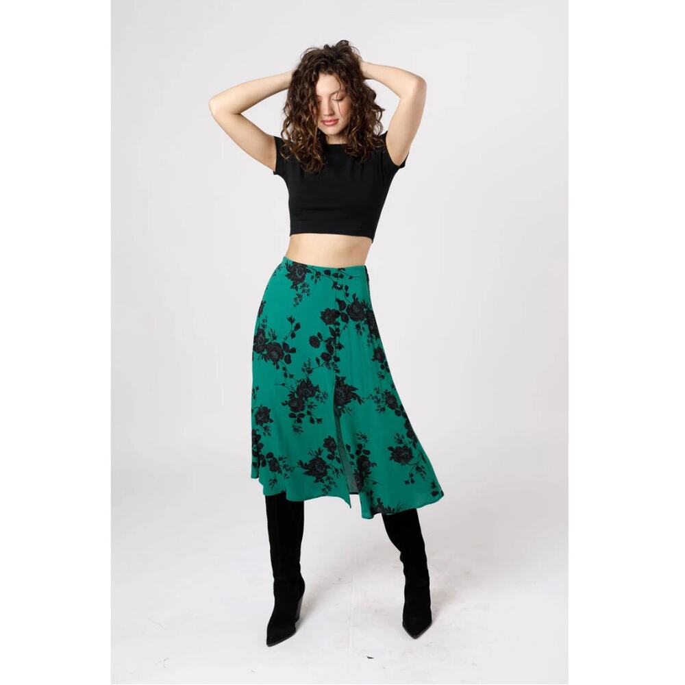 Band of the Free Etta‎ Emerald Floral Midi Skirt Green Black XS Front Slit NEW